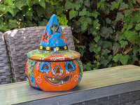 Talavera Halloween Pumpkin Decor |  13.5" Tall Jack o Lantern Mexican Pottery  |  Ceramic Candle Holder