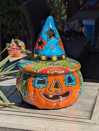 Talavera Halloween Pumpkin Decor |  13.5" Tall Jack o Lantern Mexican Pottery  |  Ceramic Candle Holder