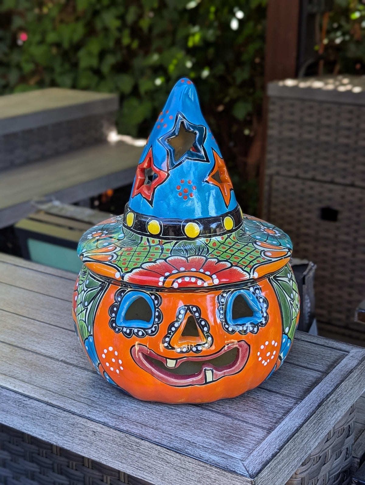 Talavera Halloween Pumpkin Decor |  13.5" Tall Jack o Lantern Mexican Pottery  |  Ceramic Candle Holder