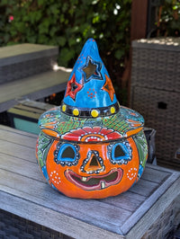 Talavera Halloween Pumpkin Decor |  13.5" Tall Jack o Lantern Mexican Pottery  |  Ceramic Candle Holder
