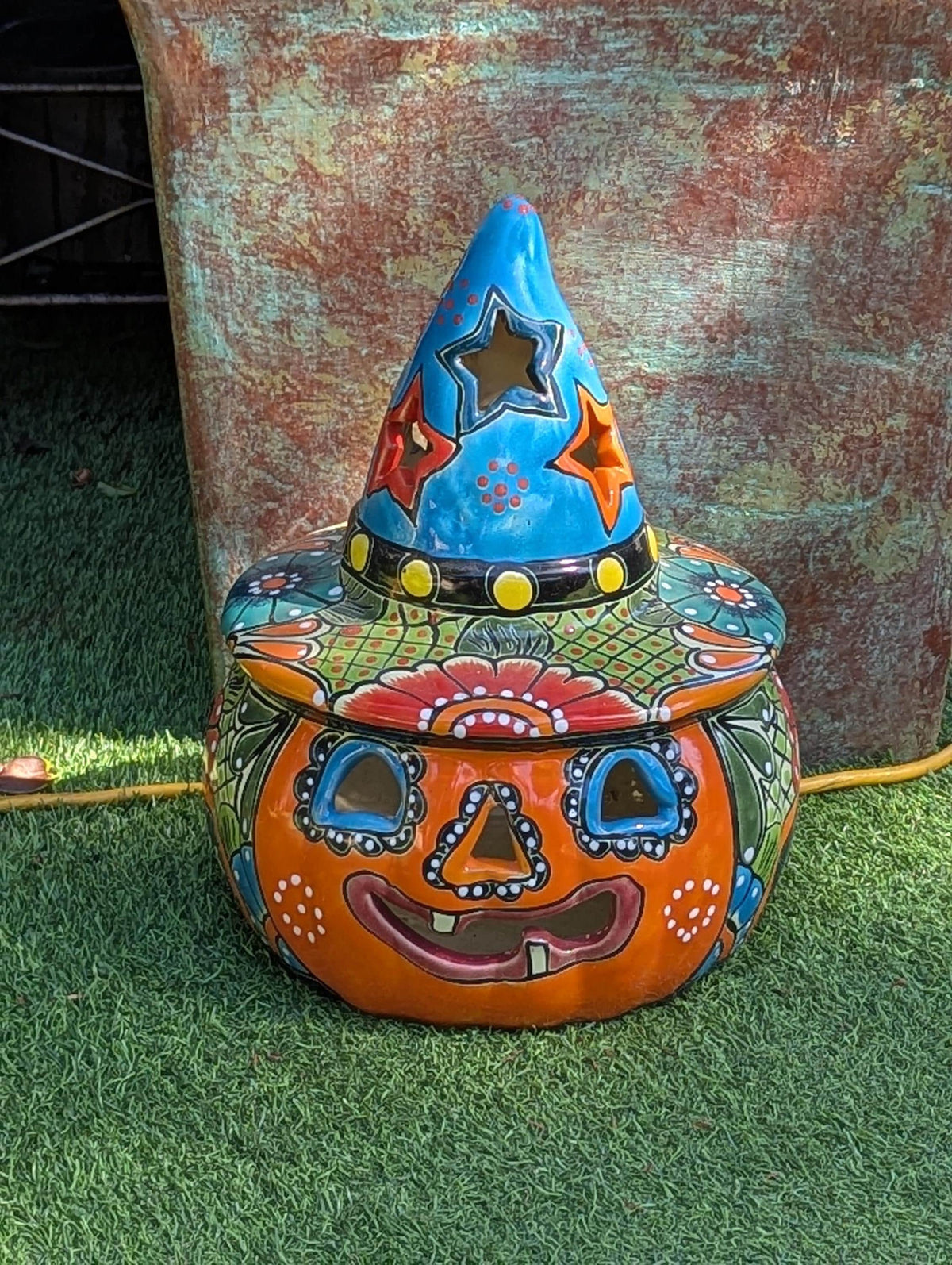Talavera Halloween Pumpkin Decor |  13.5" Tall Jack o Lantern Mexican Pottery  |  Ceramic Candle Holder
