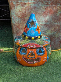 Talavera Halloween Pumpkin Decor |  13.5" Tall Jack o Lantern Mexican Pottery  |  Ceramic Candle Holder