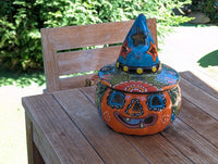 Talavera Halloween Pumpkin Decor |  13.5" Tall Jack o Lantern Mexican Pottery  |  Ceramic Candle Holder
