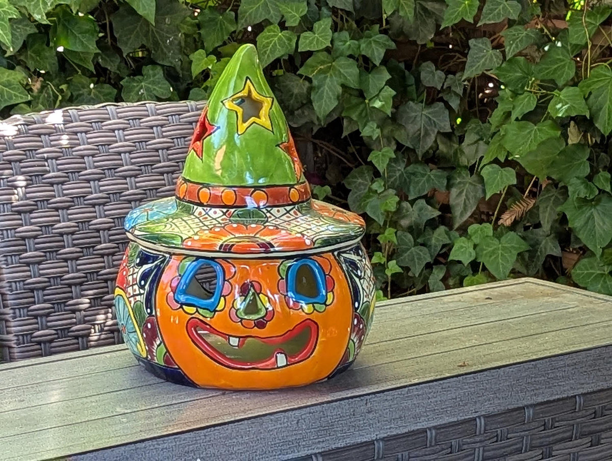 Talavera Halloween Pumpkin Decor |  Jack o Lantern Mexican Pottery  |  Ceramic Candle Holder (13.5" Tall)