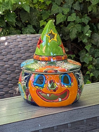 Talavera Halloween Pumpkin Decor |  Jack o Lantern Mexican Pottery  |  Ceramic Candle Holder (13.5" Tall)