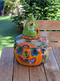 Talavera Halloween Pumpkin Decor |  Jack o Lantern Mexican Pottery  |  Ceramic Candle Holder (13.5" Tall)