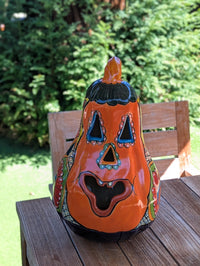 Hand-Painted Ceramic Pumpkin Halloween Decor | Talavera Jack-o-Lantern Mexican Pottery | Candle Holder
