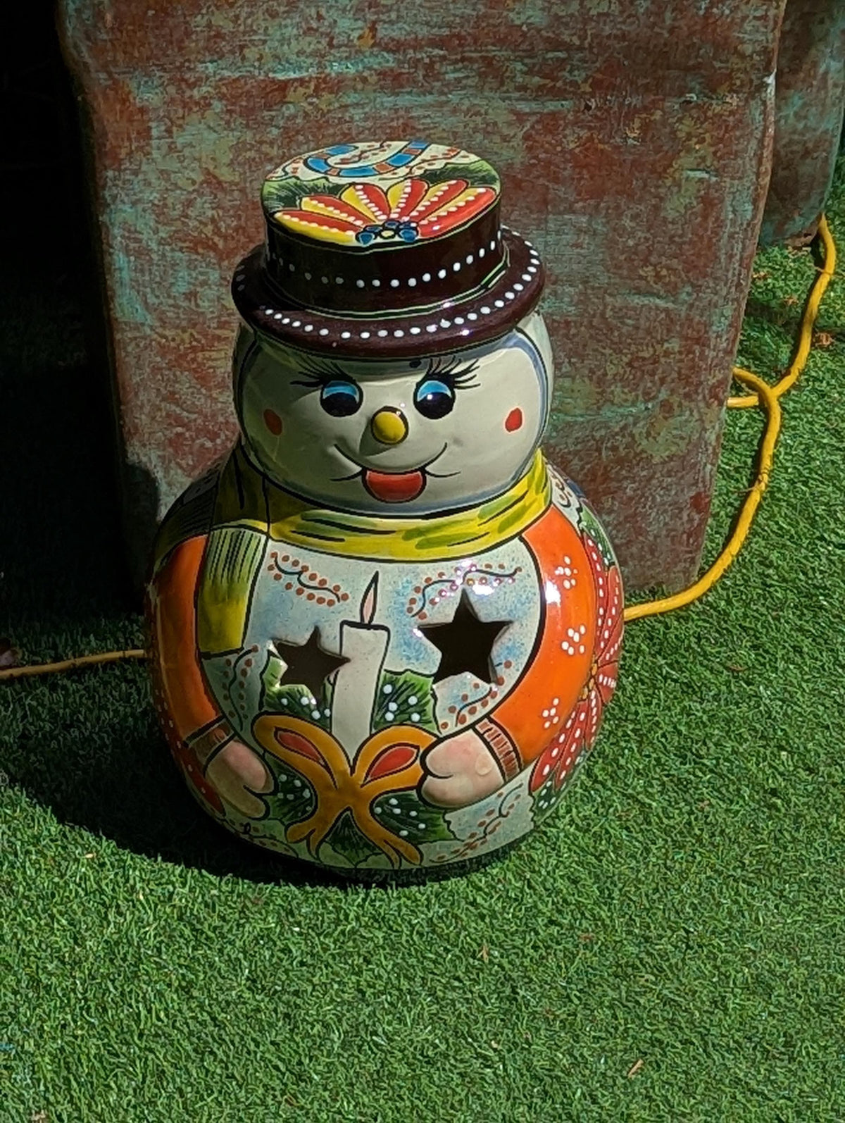 Talavera Snowman Holiday Decor | Christmas Ceramic Candle Holder | Mexican Pottery Xmas Gift