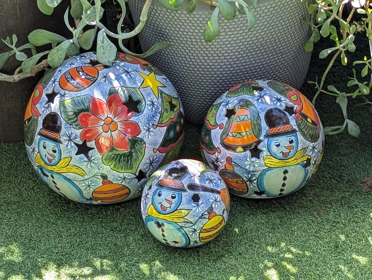Christmas Spheres Ceramic Lawn Ornaments | Outdoor Talavera Pottery is Handmade in Mexico (Set of 3)
