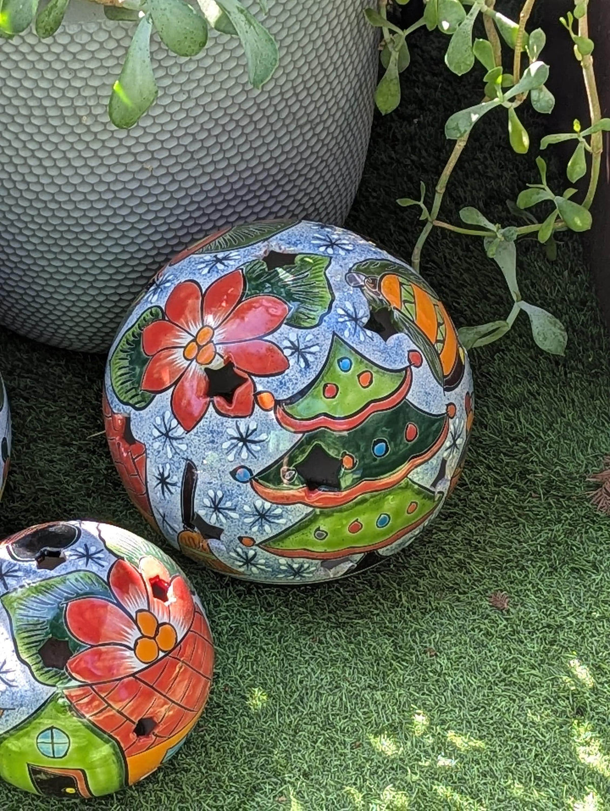 Christmas Spheres Ceramic Lawn Ornaments | Outdoor Talavera Pottery is Handmade in Mexico (Set of 3)
