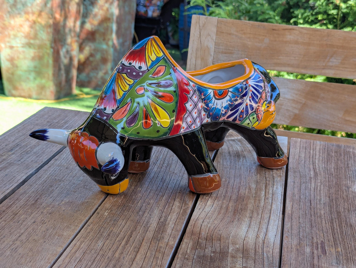 Talavera Bull Planter | Handmade Mexican Pottery Flower Pot | Ceramic Garden Gift