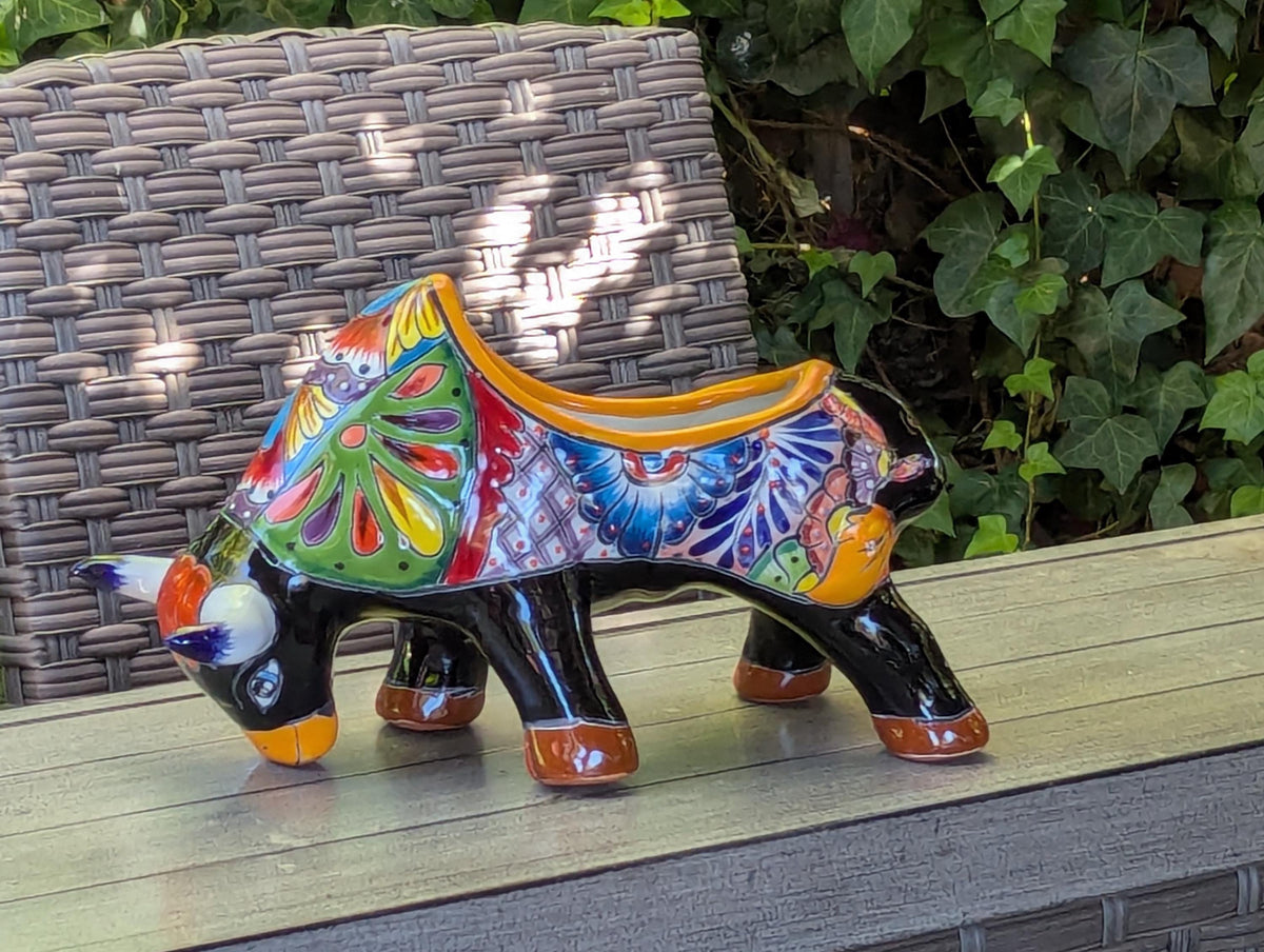 Talavera Bull Planter | Handmade Mexican Pottery Flower Pot | Ceramic Garden Gift