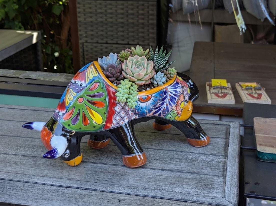 Talavera Bull Planter | Handmade Mexican Pottery Flower Pot | Ceramic Garden Gift