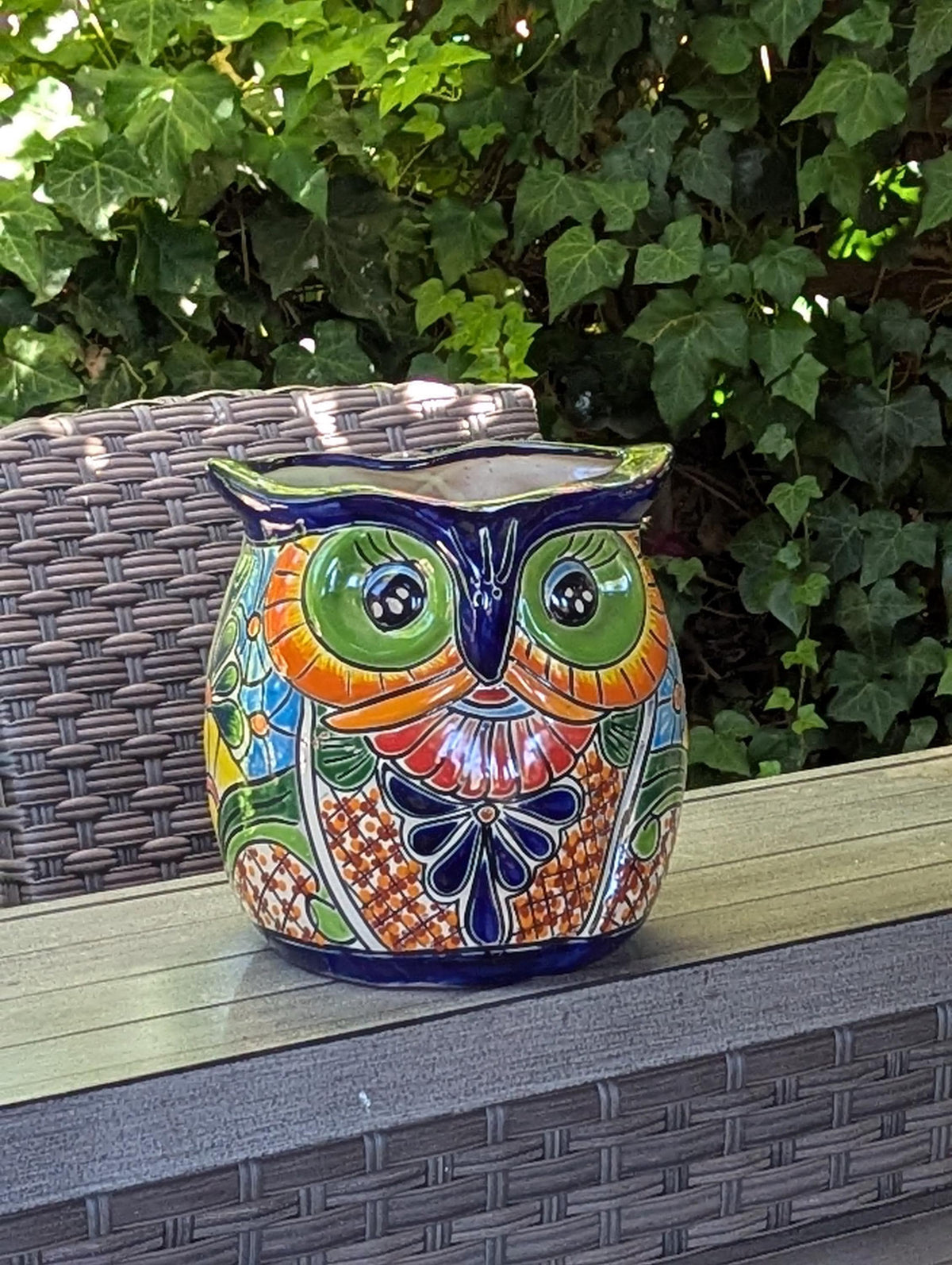 Talavera Owl Flower Pot | 11.5" Tall Handmade Ceramic Planter | Outdoor Mexican Pottery