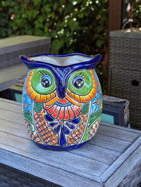 Talavera Owl Flower Pot | 11.5" Tall Handmade Ceramic Planter | Outdoor Mexican Pottery