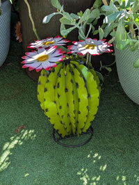 Metal Cactus Garden Sculpture with Blooming Flowers | Rustic Yard Art & Outdoor Lawn Ornament