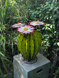Metal Cactus Garden Sculpture with Blooming Flowers | Rustic Yard Art & Outdoor Lawn Ornament