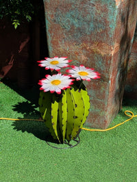 Metal Cactus Garden Sculpture with Blooming Flowers | Rustic Yard Art & Outdoor Lawn Ornament