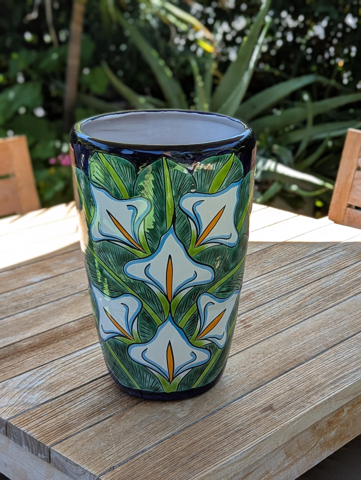 Lily Planter | 16.5" Tall Hand-Painted Talavera Flower Pot | Mexican Ceramic Outdoor Garden Decor