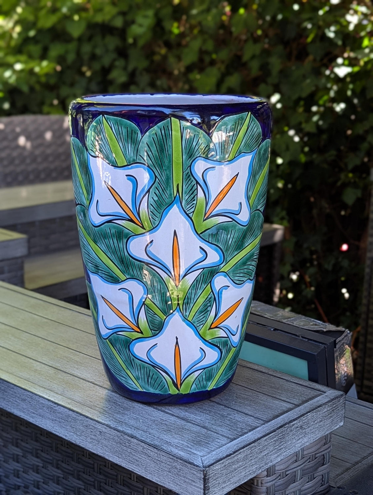 Lily Planter | 16.5" Tall Hand-Painted Talavera Flower Pot | Mexican Ceramic Outdoor Garden Decor