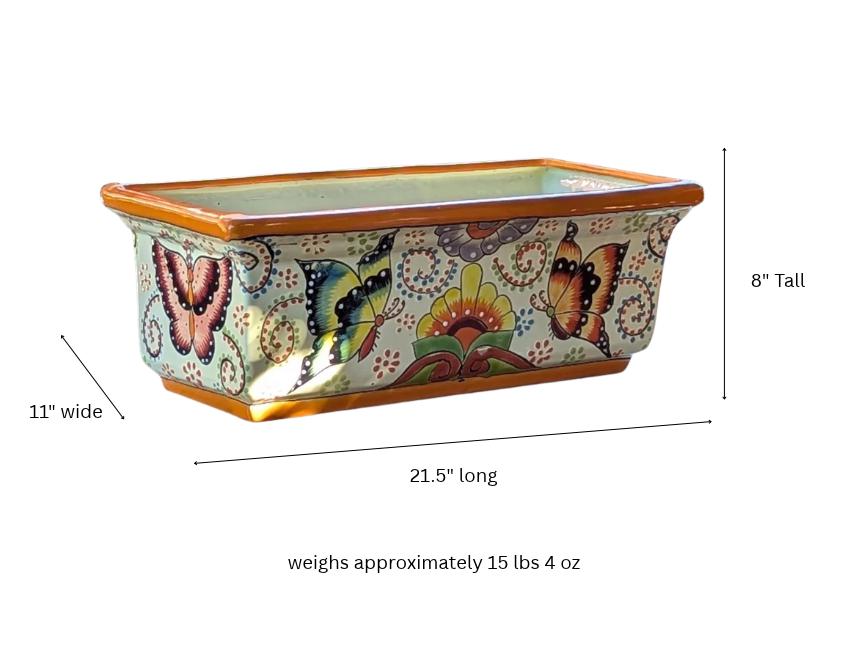 Hand-Painted Mexican Talavera Planter Box | Butterfly Floral Art | Rectangular Ceramic Garden Decor