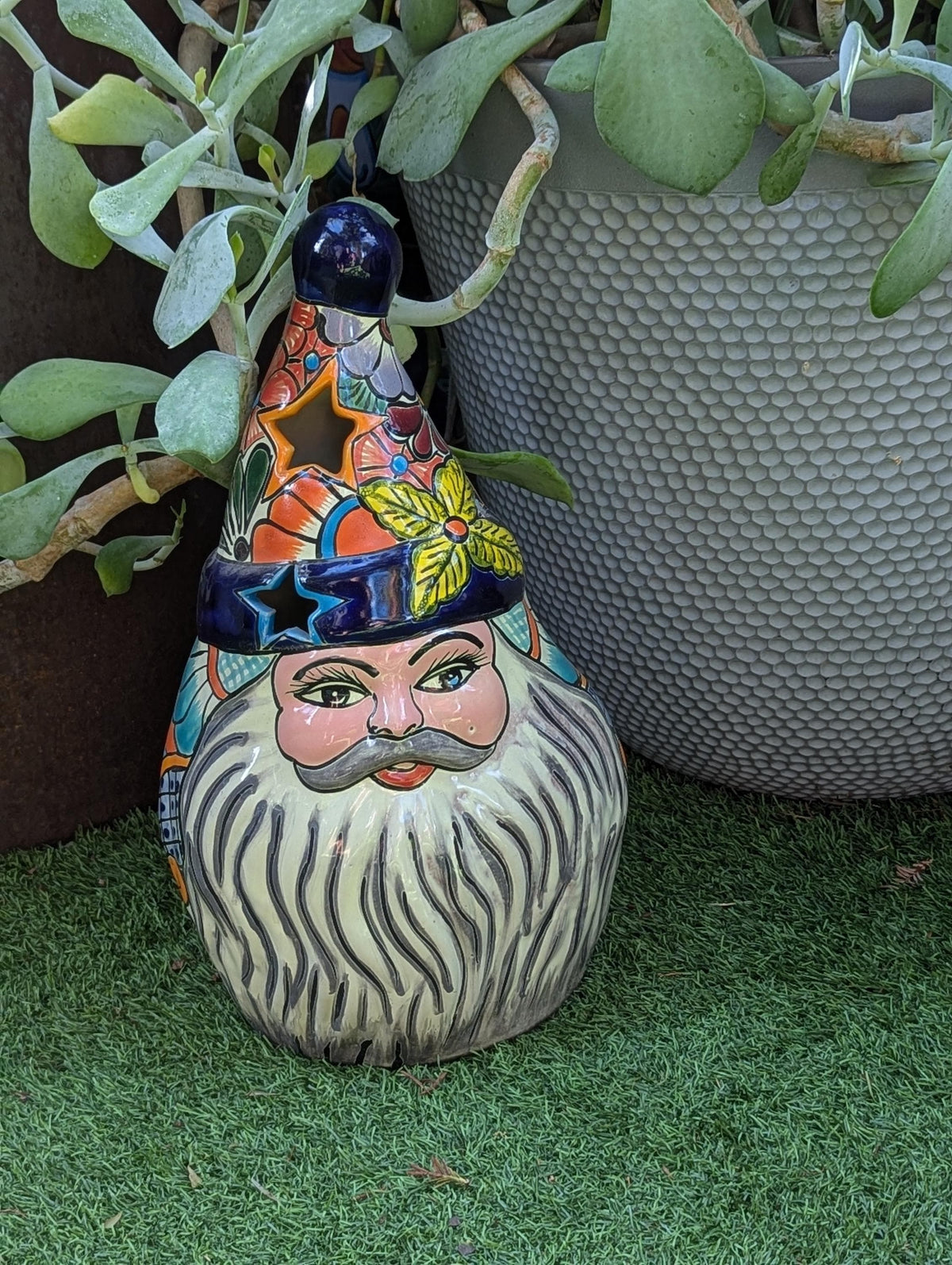 Hand-Painted Talavera Santa Claus Statue | Mexican Ceramic Christmas Lantern (18" Tall)
