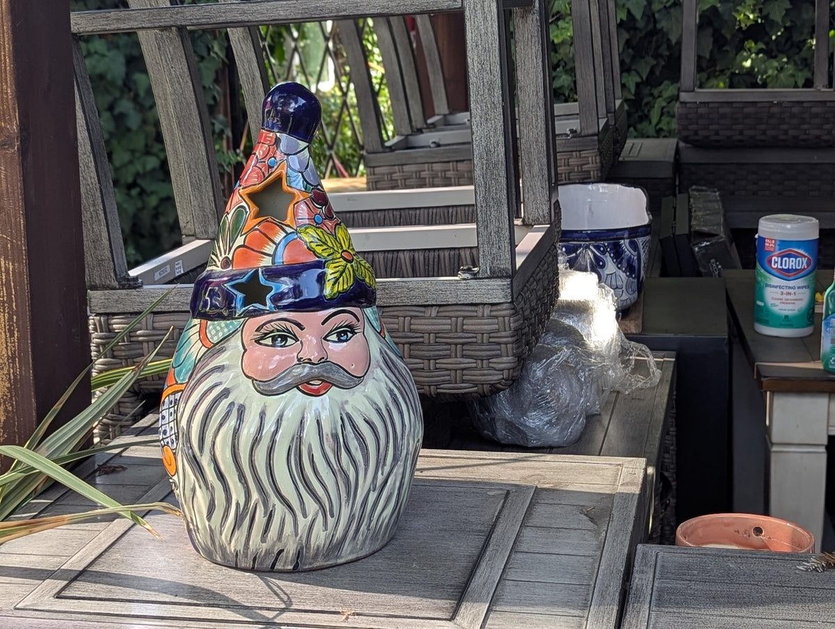 Hand-Painted Talavera Santa Claus Statue | Mexican Ceramic Christmas Lantern (18" Tall)