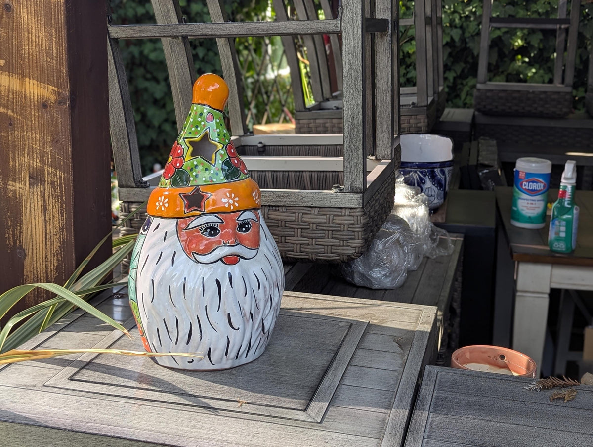 Talavera Santa Claus Statue | Hand-Painted Mexican Ceramic Christmas Tea Light Holder & Decor (18" Tall)