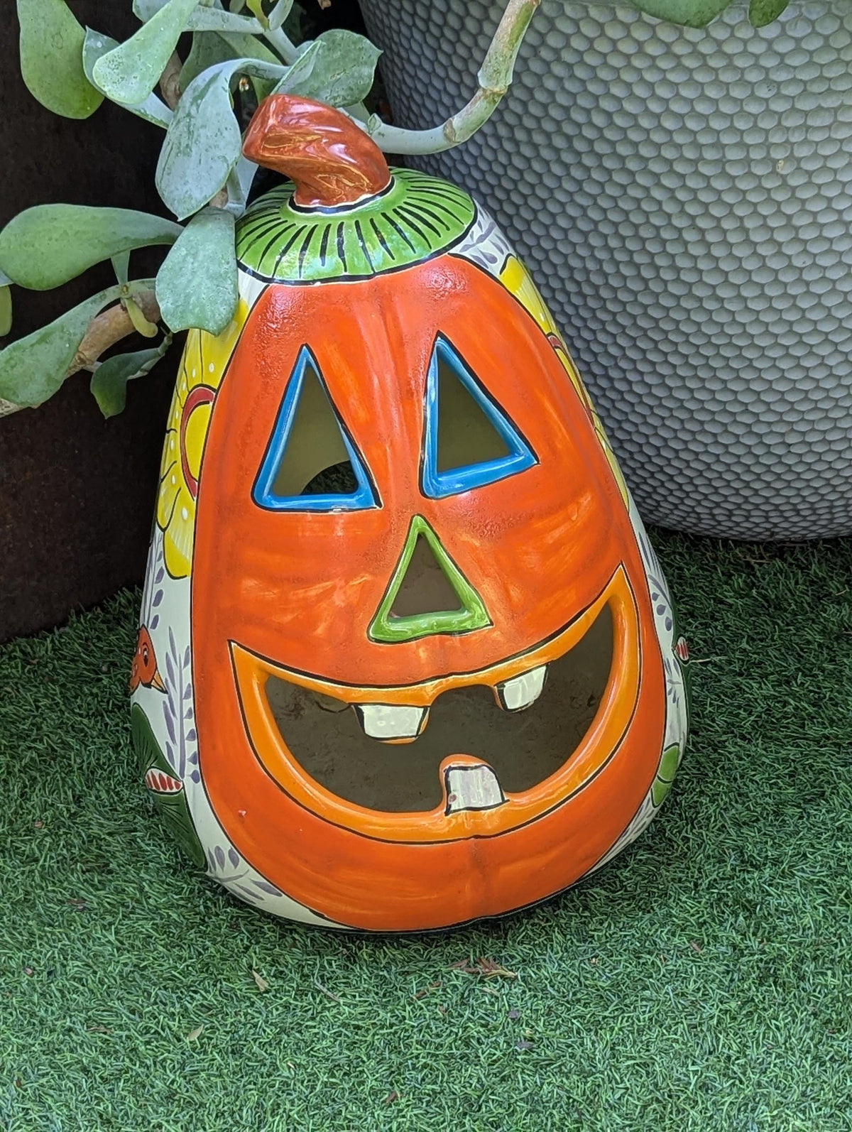 Hand-Painted Talavera Pumpkin Halloween Decor | Jack-o-Lantern Mexican Pottery | Ceramic Candle Holder