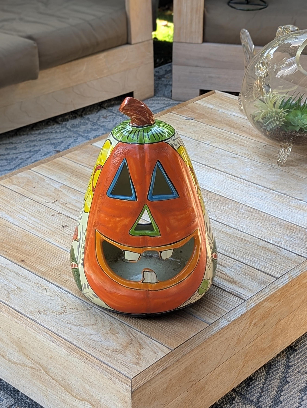 Hand-Painted Talavera Pumpkin Halloween Decor | Jack-o-Lantern Mexican Pottery | Ceramic Candle Holder