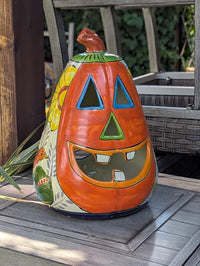 Hand-Painted Talavera Pumpkin Halloween Decor | Jack-o-Lantern Mexican Pottery | Ceramic Candle Holder