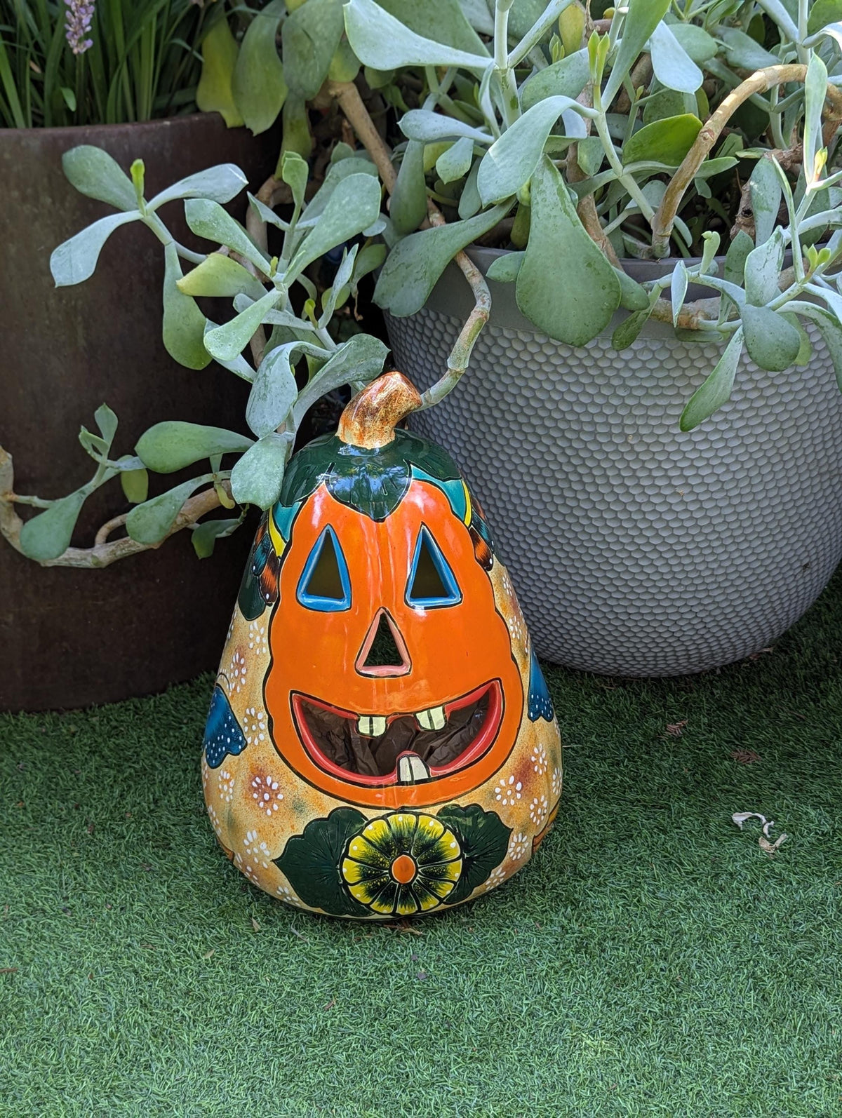 Talavera Pumpkin Halloween Decor | Hand-Painted Jack-o-Lantern Mexican Pottery | Ceramic Candle Holder