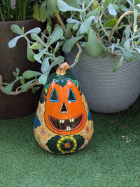 Talavera Pumpkin Halloween Decor | Hand-Painted Jack-o-Lantern Mexican Pottery | Ceramic Candle Holder