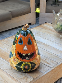 Talavera Pumpkin Halloween Decor | Hand-Painted Jack-o-Lantern Mexican Pottery | Ceramic Candle Holder