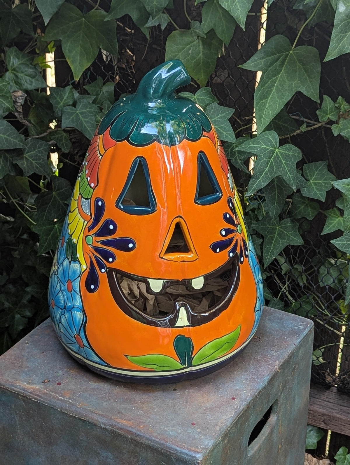 Ceramic Pumpkin Halloween Decor | Hand-Painted Talavera Jack-o-Lantern | Mexican Pottery Candle Holder