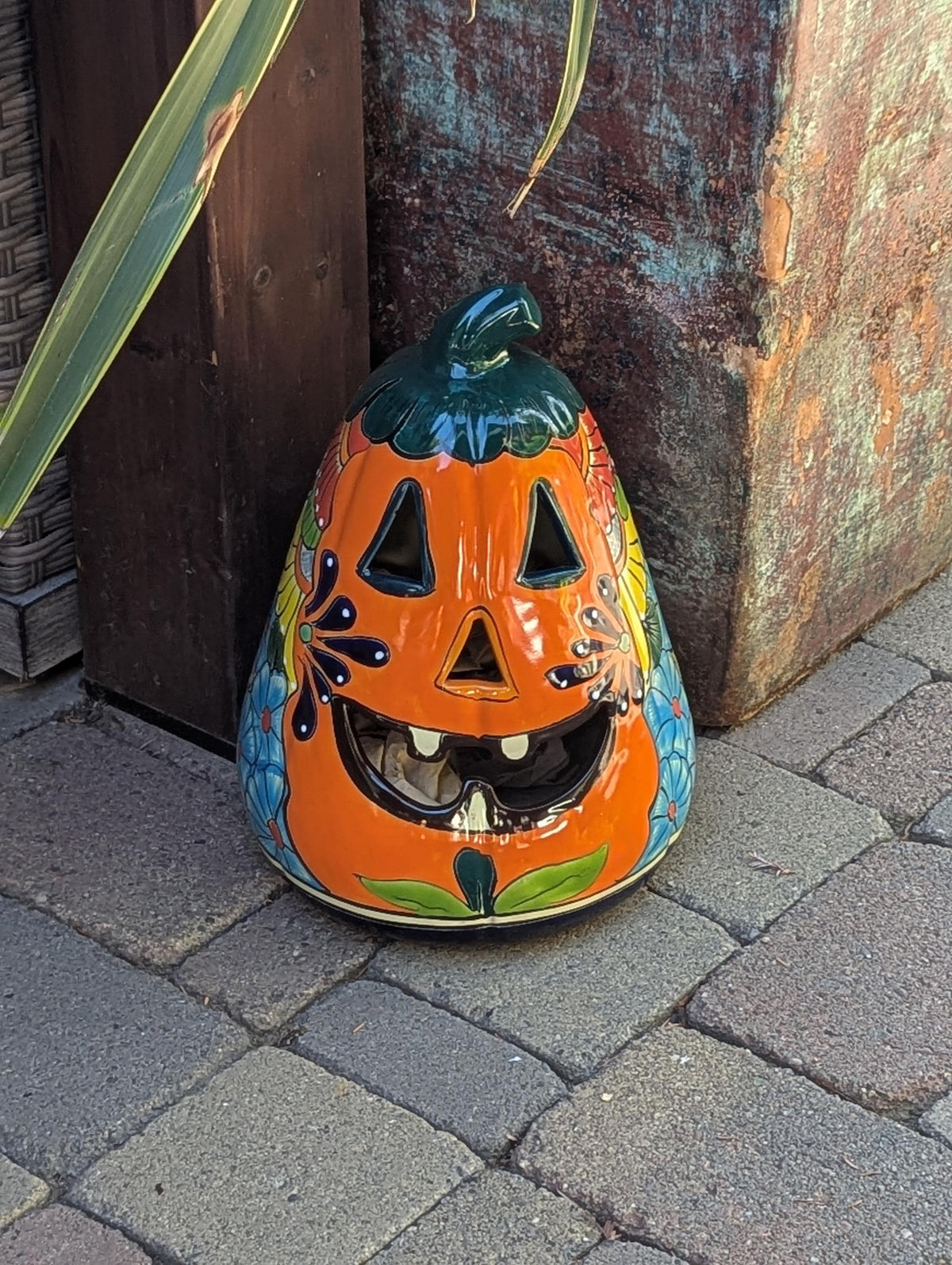 Ceramic Pumpkin Halloween Decor | Hand-Painted Talavera Jack-o-Lantern | Mexican Pottery Candle Holder