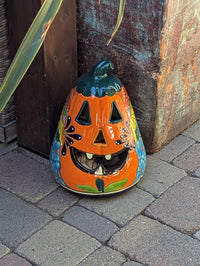 Ceramic Pumpkin Halloween Decor | Hand-Painted Talavera Jack-o-Lantern | Mexican Pottery Candle Holder