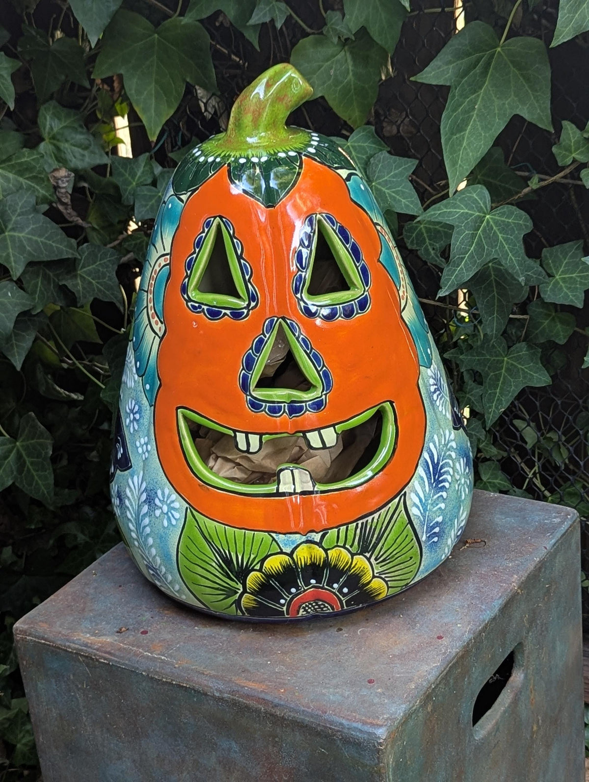 Hand-Painted Talavera Jack-o-Lantern | Ceramic Pumpkin Halloween Decor |  Mexican Pottery Candle Holder