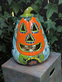 Hand-Painted Talavera Jack-o-Lantern | Ceramic Pumpkin Halloween Decor |  Mexican Pottery Candle Holder