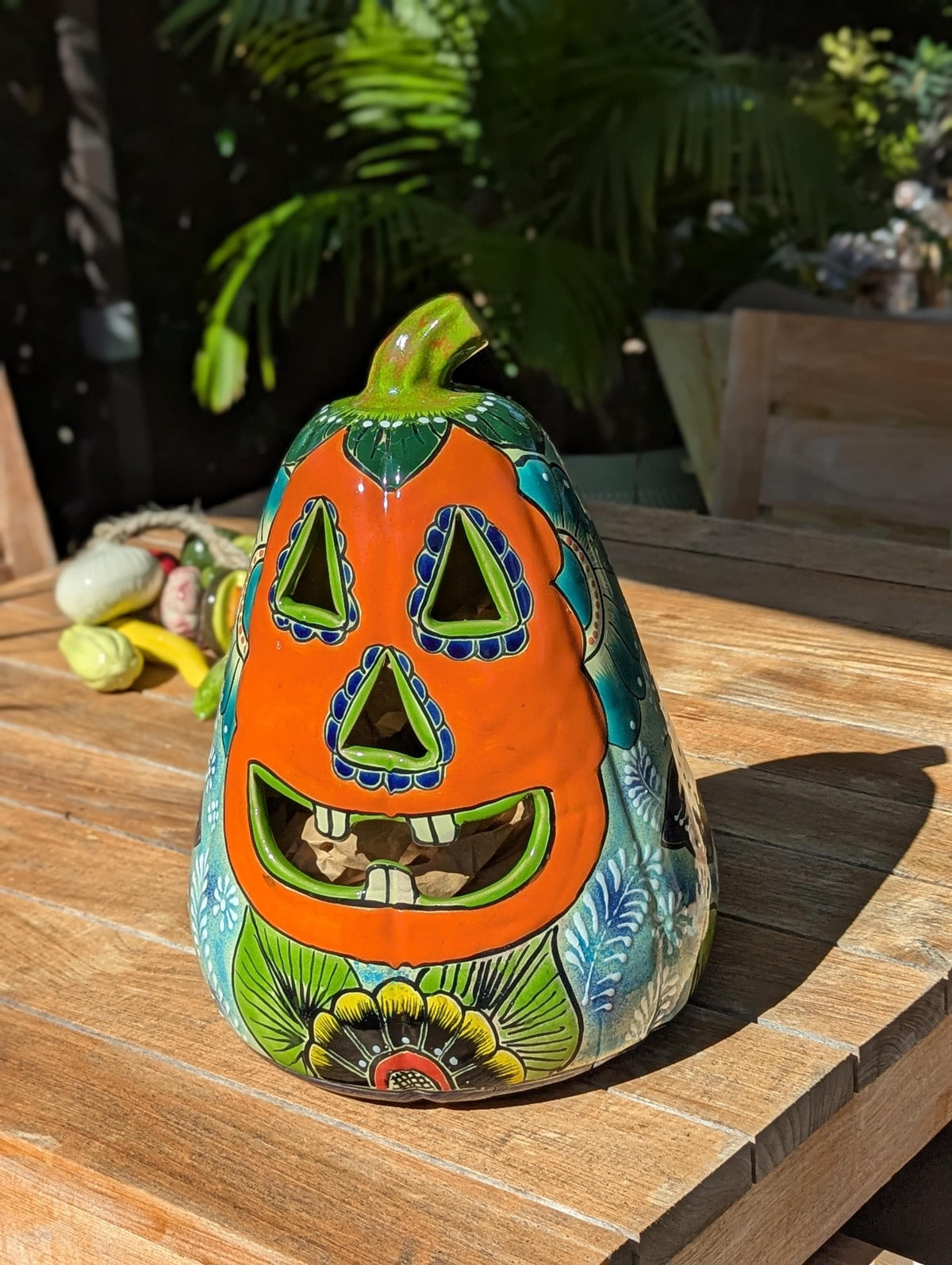 Hand-Painted Talavera Jack-o-Lantern | Ceramic Pumpkin Halloween Decor |  Mexican Pottery Candle Holder