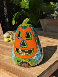 Hand-Painted Talavera Jack-o-Lantern | Ceramic Pumpkin Halloween Decor |  Mexican Pottery Candle Holder