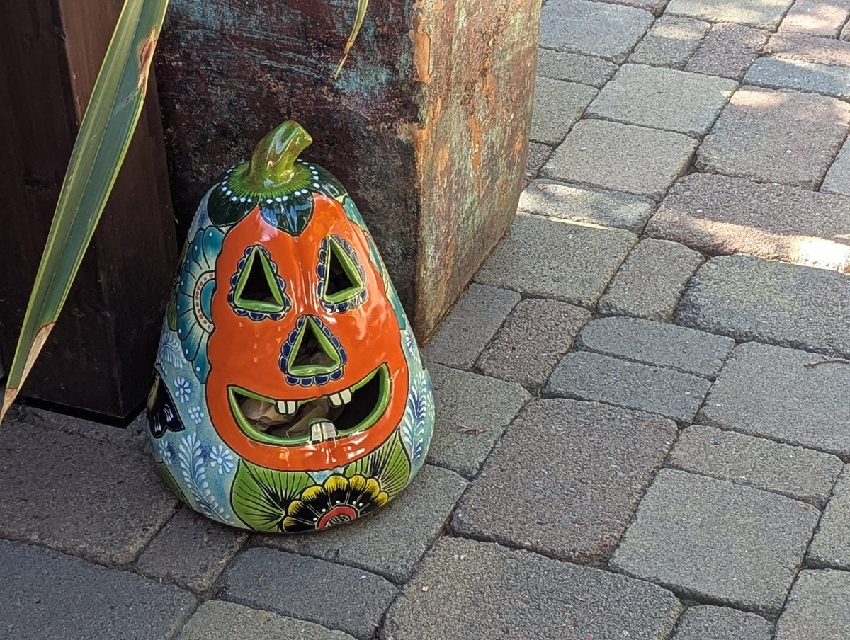 Hand-Painted Talavera Jack-o-Lantern | Ceramic Pumpkin Halloween Decor |  Mexican Pottery Candle Holder