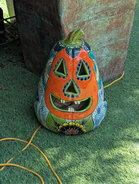 Hand-Painted Talavera Jack-o-Lantern | Ceramic Pumpkin Halloween Decor |  Mexican Pottery Candle Holder
