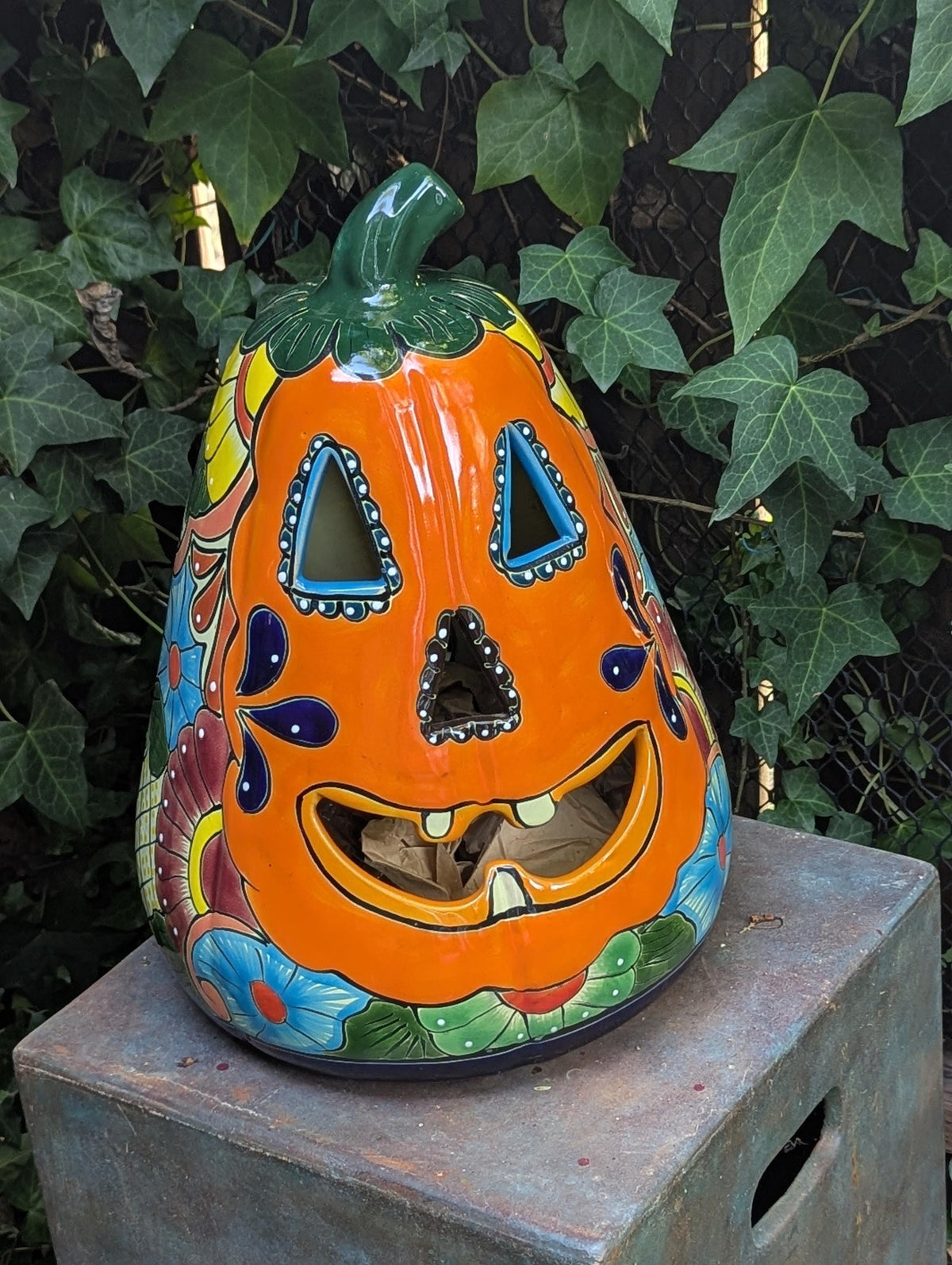 Handmade Talavera Ceramic Pumpkin Jack-o-Lantern, Mexican Pottery Halloween Decor, Candle Holder Lantern