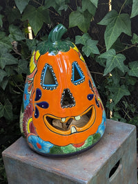 Handmade Talavera Ceramic Pumpkin Jack-o-Lantern, Mexican Pottery Halloween Decor, Candle Holder Lantern