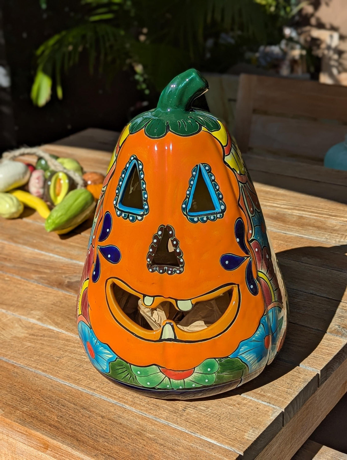 Handmade Talavera Ceramic Pumpkin Jack-o-Lantern, Mexican Pottery Halloween Decor, Candle Holder Lantern