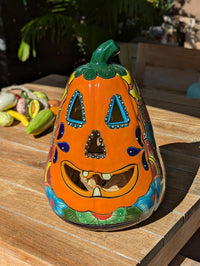 Handmade Talavera Ceramic Pumpkin Jack-o-Lantern, Mexican Pottery Halloween Decor, Candle Holder Lantern