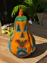 Hand-Painted Talavera Ceramic Pumpkin Lantern | Jack-o-Lantern Mexican Pottery Fall Decor