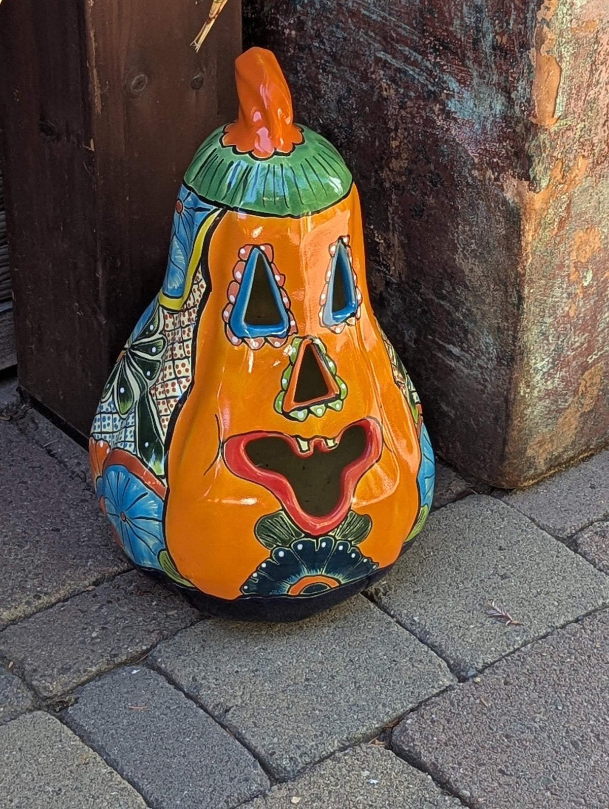 Hand-Painted Talavera Ceramic Pumpkin Lantern | Jack-o-Lantern Mexican Pottery Fall Decor