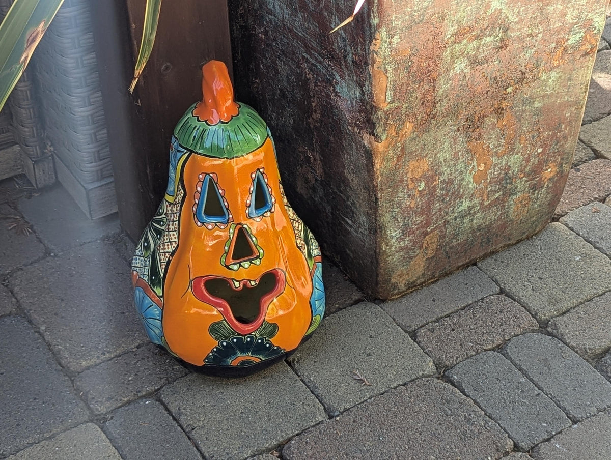 Hand-Painted Talavera Ceramic Pumpkin Lantern | Jack-o-Lantern Mexican Pottery Fall Decor